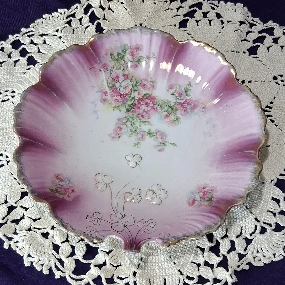 Antique MZ Austria Plate Porcelain Pink Roses Gilt Clovers Dish - Picture 11 of 12